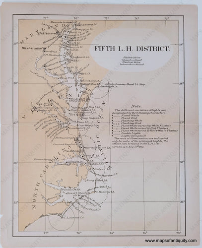 1881 - Lighthouses Of Maryland Virginia And North Carolina Antique Map Genuine Printed-Color