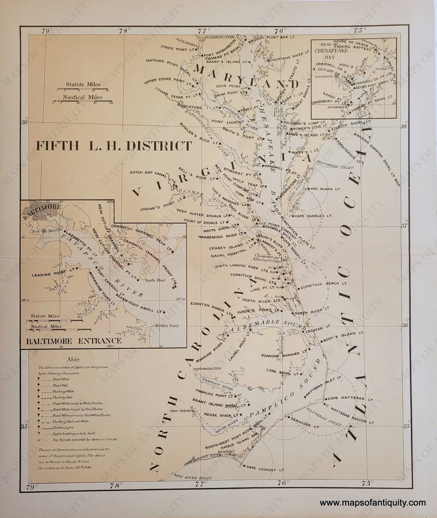 Antique map of the Atlantic Coast North Carolina, Virginia, Maryland Chesapeake Bay with dots showing the lighthouses and circular arcs showing the distance at which the light can be seen. Colors of light tan and cream and the water is a very slight blue-grey.