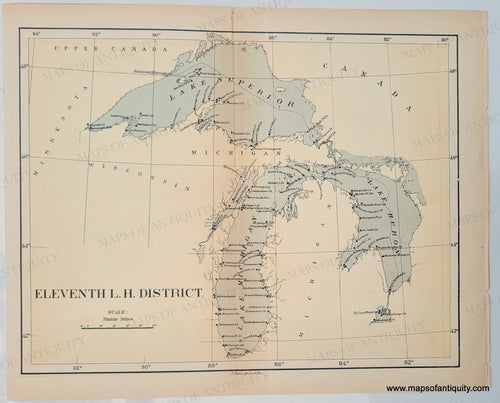 Original printed color- land is an antique orange tan and water is a subtle grey-blue. Antique-Map-chart-Lighthouses-Great-lakes-Lake-Superior-Lake-Huron-Lake-Michigan-1876-USLHS-1870s-19th-century
