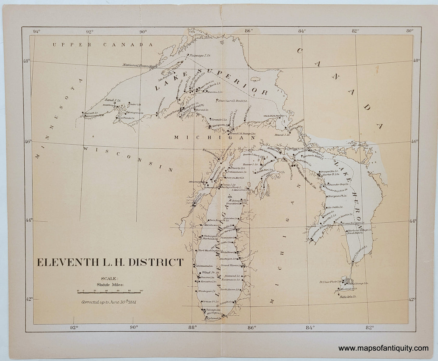 Antique-Map-chart-Lighthouses-Great-lakes-Lake-Superior-Lake-Huron-Lake-Michigan-1881-USLHS-1880s-19th-century