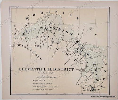 Map of Lake Superior and Lake Huron in antique tones of blue-green for the water and yellow-tan for the land.