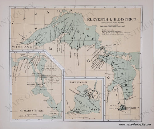 Map of Lake Superior and Lake Huron in antique tones of blue-green for the water and yellow-tan for the land.