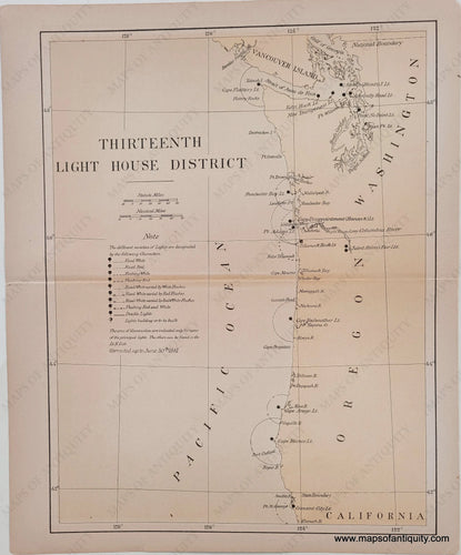 1881 - Lighthouses Of The North Pacific Antique Map Printed-Color Genuine