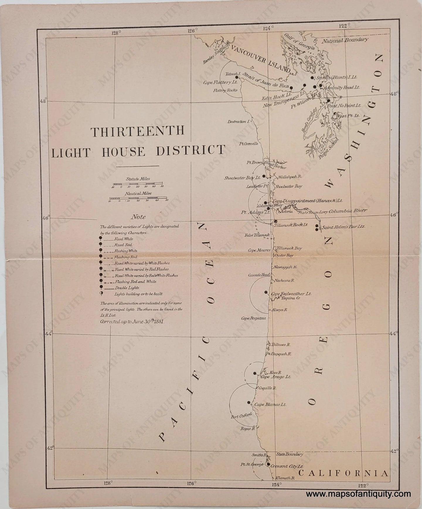 1881 - Lighthouses Of The North Pacific Antique Map Printed-Color Genuine