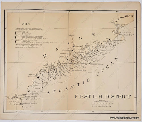 Antique map of the coasts of New Hampshire and Maine showing the lighthouses. land is a antique yellow-tan color and the ocean is slightly more grey but still somewhat tan. circles and semi-circles show the distance at which each light can be seen.