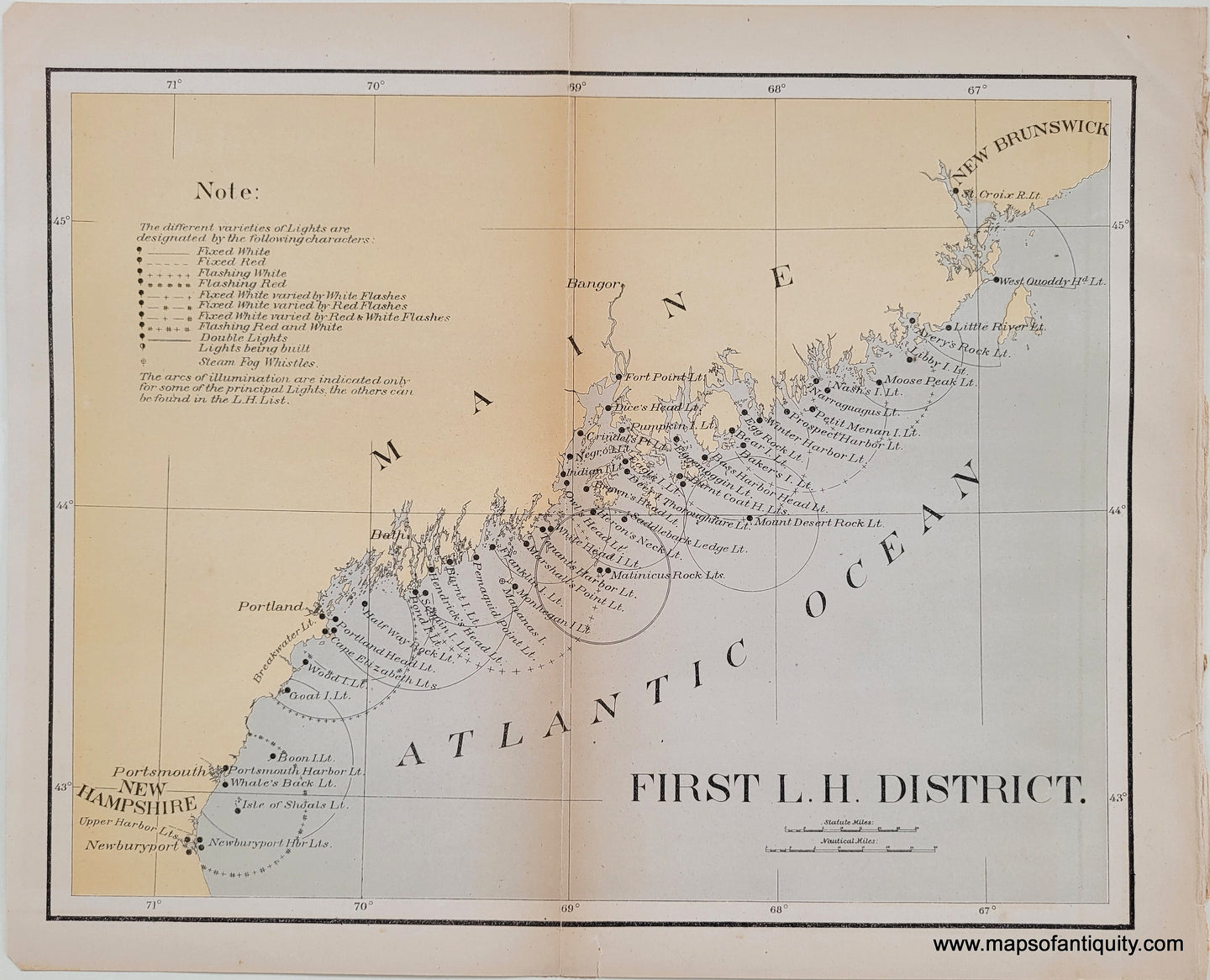NAU243-First-L.-H.-Lighthouses-Light-Houses-District-Maine-New-Hampshire-Lighthouse-Light-House-chart-1877-antique