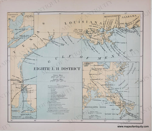 Chart of the Gulf of Mexico with light blue water and yellow tan land. NAU244-Eighth-L.-H.-District-Gulf-of-Mexico-Texas-Louisiana-Lighthouse-Chart-Antique-light-house-1895