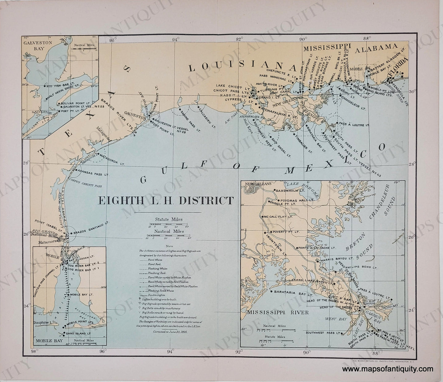 Chart of the Gulf of Mexico with light blue water and yellow tan land. NAU244-Eighth-L.-H.-District-Gulf-of-Mexico-Texas-Louisiana-Lighthouse-Chart-Antique-light-house-1895