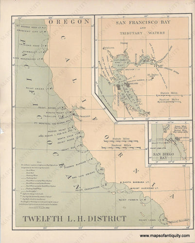 1892 - Lighthouses Of California Antique Map Genuine Printed-Color