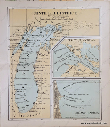 1895 - Lighthouses Of Lake Michigan Antique Map Genuine Printed-Color