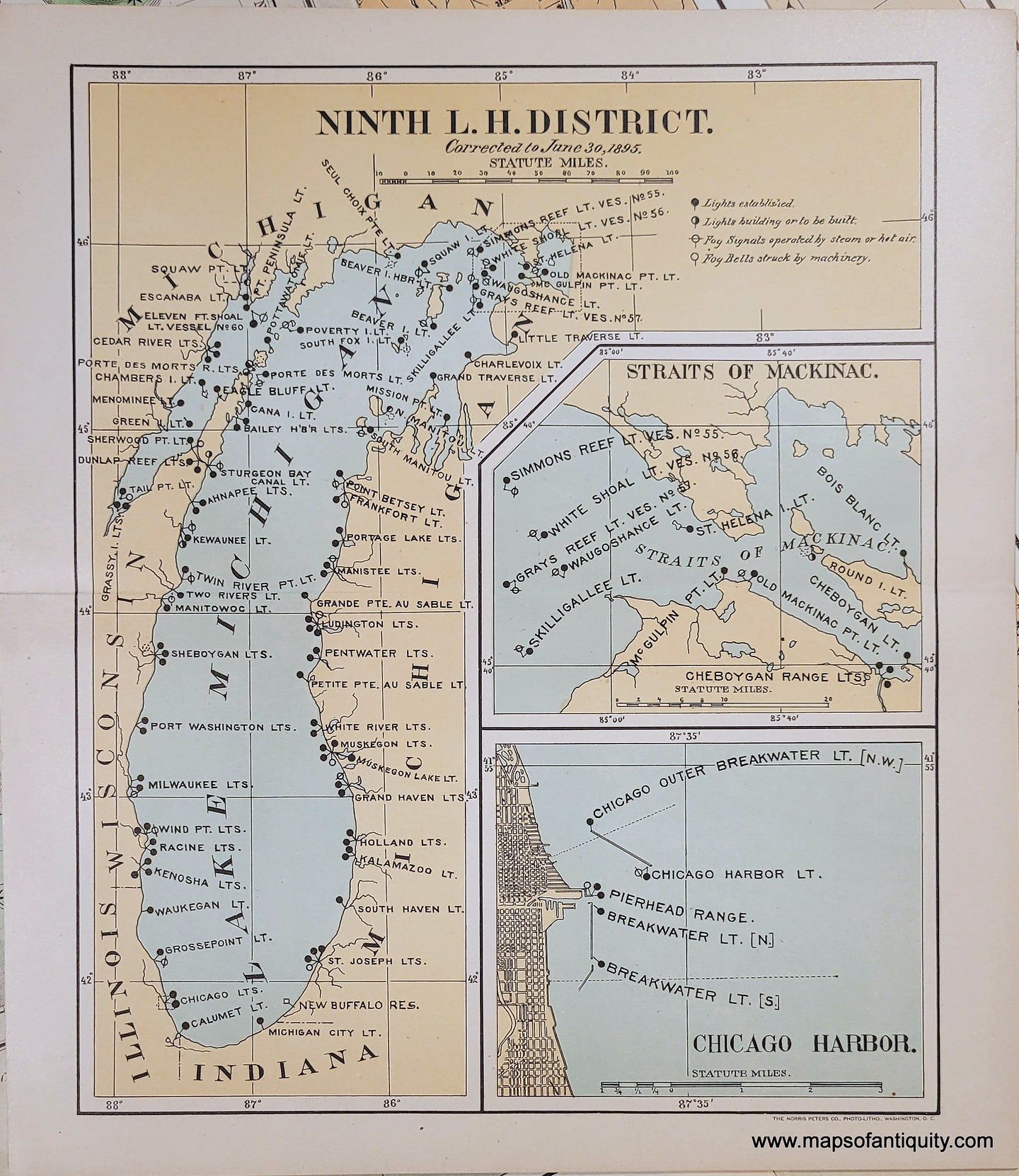 1895 - Lighthouses of Lake Michigan - Antique Map