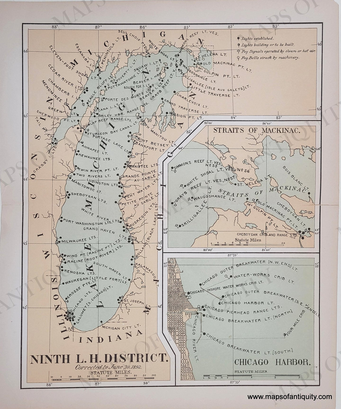 Antique map with vintage tones of blue in the water and yellwo-tan in the land. NAU247-Ninth-L.-H.-DIstrict-Lake-Michigan-Great-Lakes-Lighthouse-Chart-Antique.-DIstrict-Lake-Michigan-Chicago-Straits of Mackinac-Great-Lakes-Lighthouse-Chart-1893