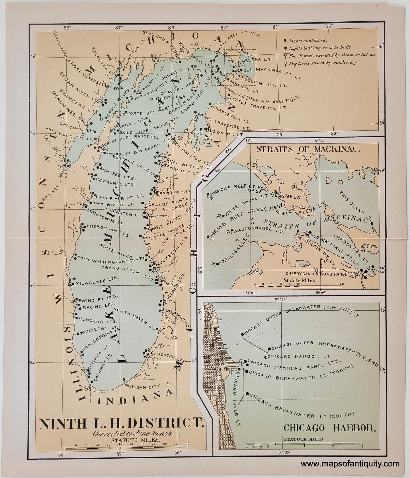 NAU247-Ninth-L.-H.-DIstrict-Lake-Michigan-Great-Lakes-Lighthouse-Chart-Antique.-DIstrict-Lake-Michigan-Chicago-Straits of Mackinac-Great-Lakes-Lighthouse-Chart-1893