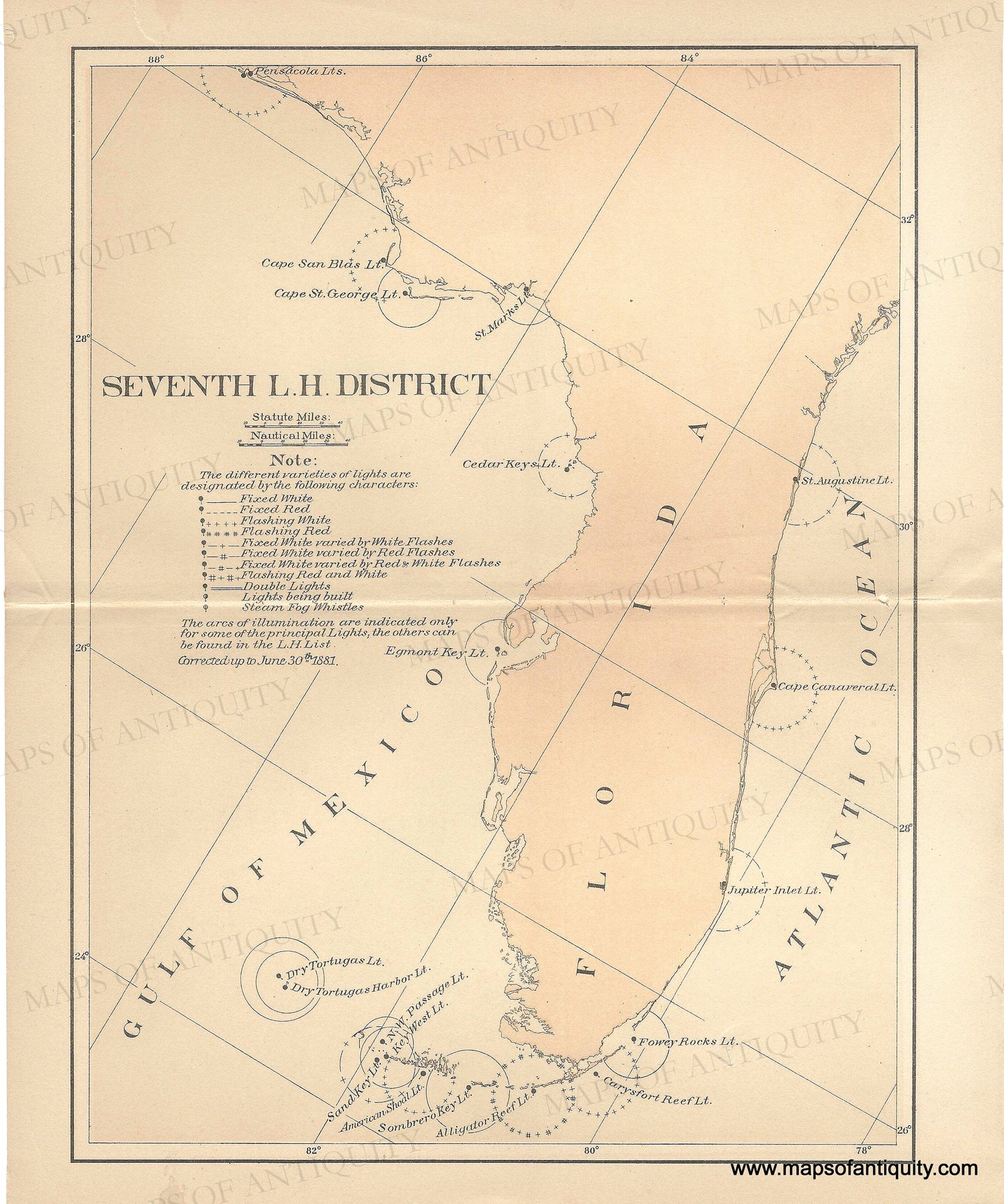 1881 - Lighthouses of Florida - Antique Map – Maps of Antiquity