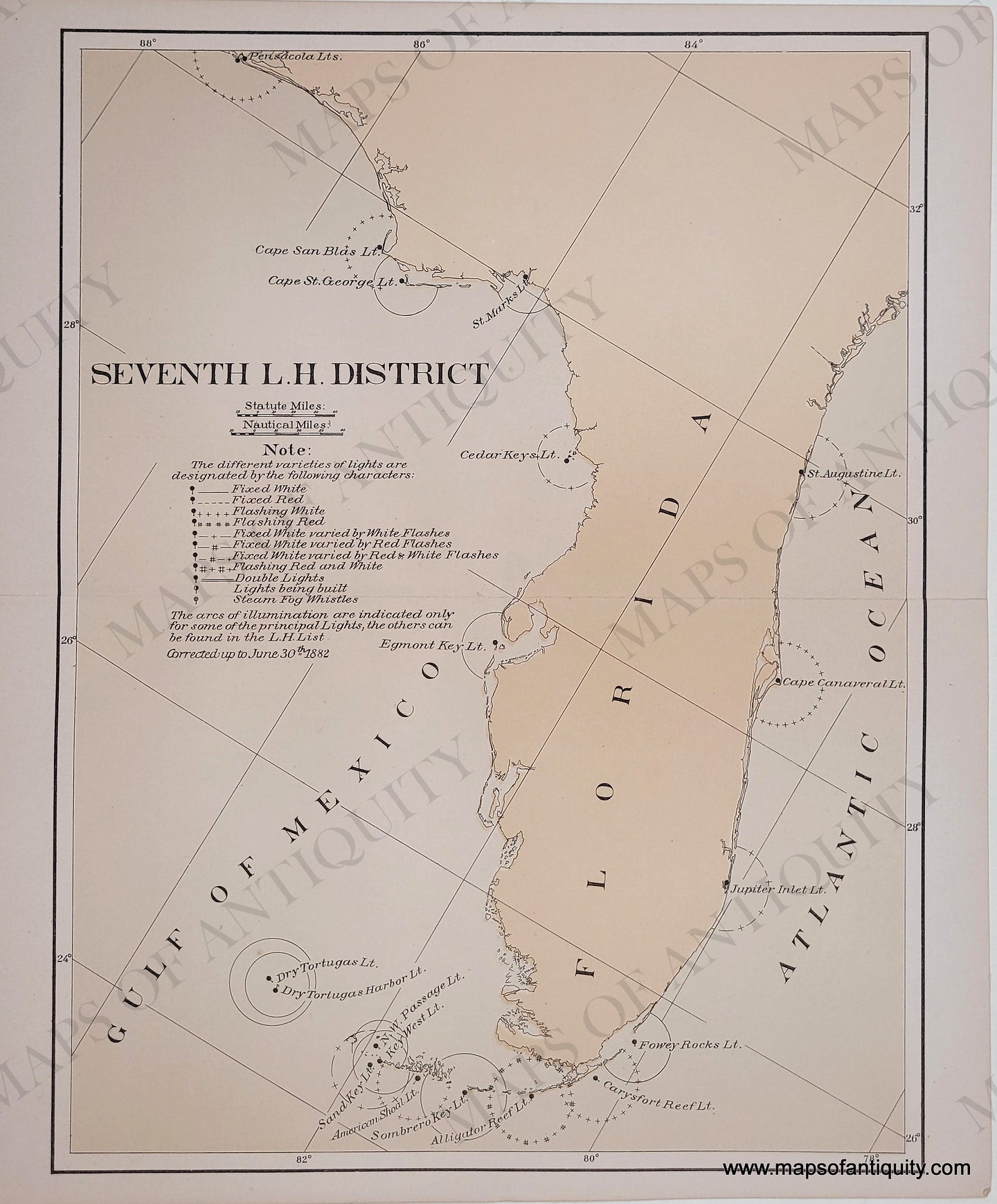 Chart in vintage colors of faded grey-green for the water and faded orange-tan for the land. Antique-Map-Lighthouses-of-Florida-United-States-South-1895-U.S.-Light-House-Service-Maps-Of-Antiquity