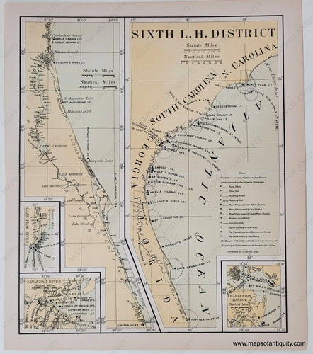 Antique-Map-Lighthouses-South-Atlantic-South-Carolina-Georgia-Florida-Cape-Fear-Savannah-Charleston-Light-Houses-1890-1890s-19th-century