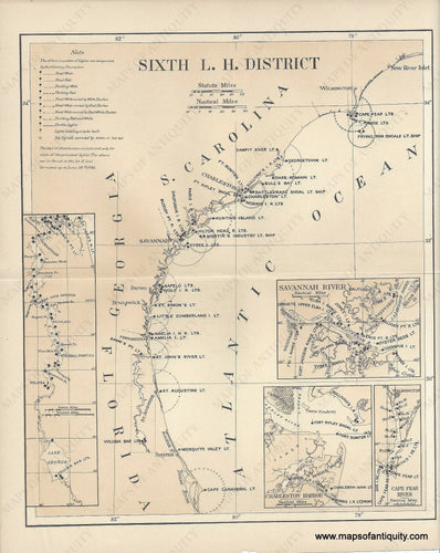 Antique-Map-Lighthouses-South-Atlantic-South-Carolina-Georgia-Florida-Cape-Fear-Savannah-Charleston-Light-Houses-1886-1880s-19th-century-chart