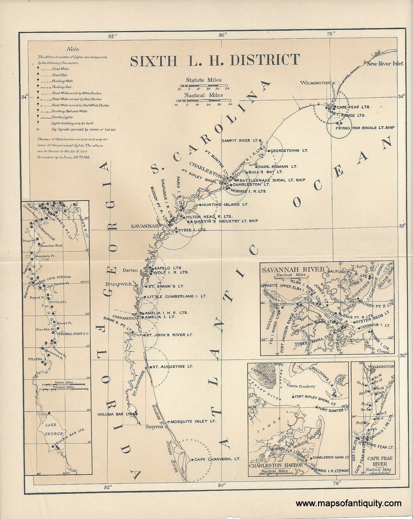 Antique-Map-Lighthouses-South-Atlantic-South-Carolina-Georgia-Florida-Cape-Fear-Savannah-Charleston-Light-Houses-1886-1880s-19th-century-chart