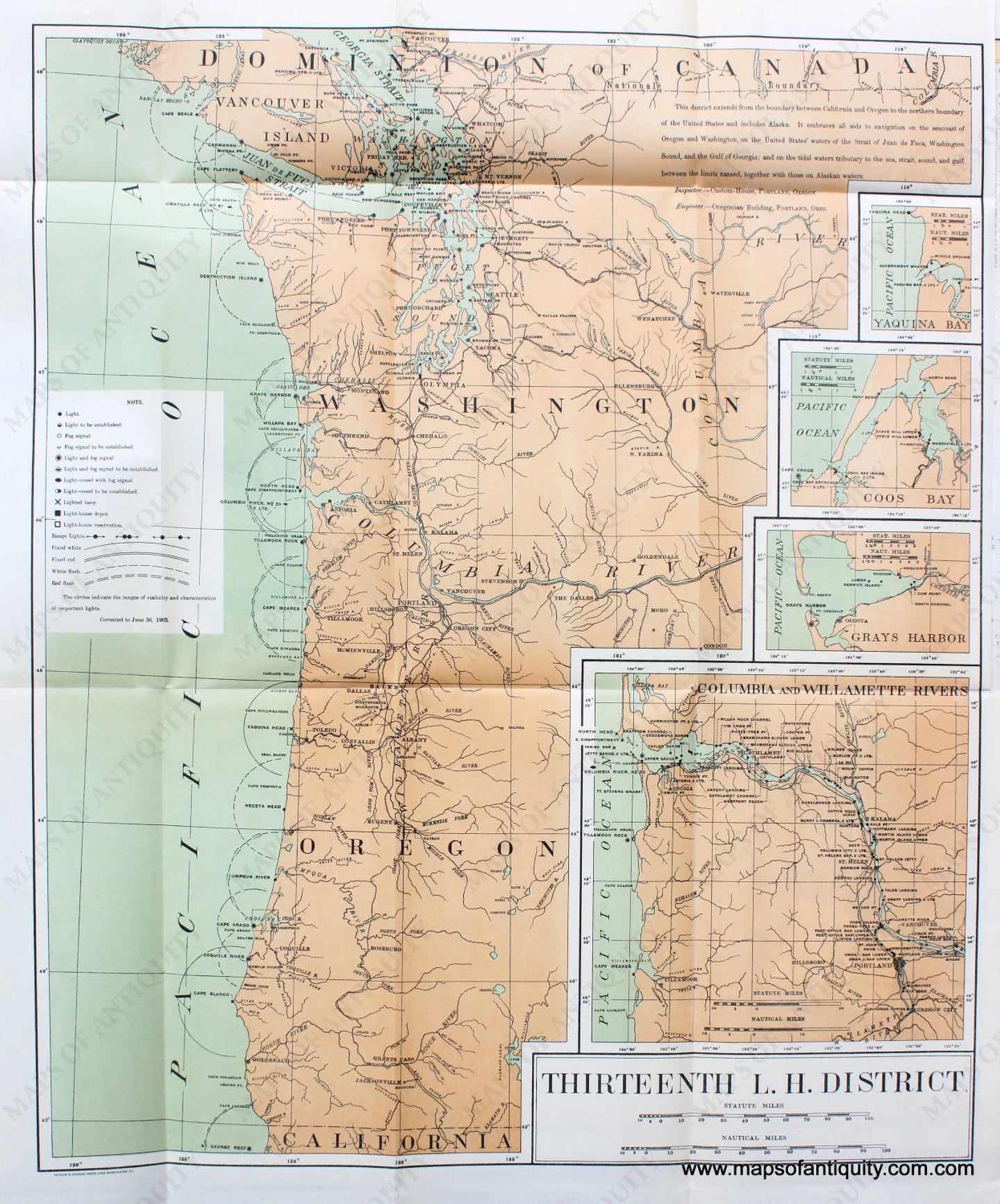 Printed-Color-Antique-Map-Lighthouses-of-the-North-Pacific-(larger-size)-**********-United-States-West-1903-U.S.-Light-House-Service-Maps-Of-Antiquity