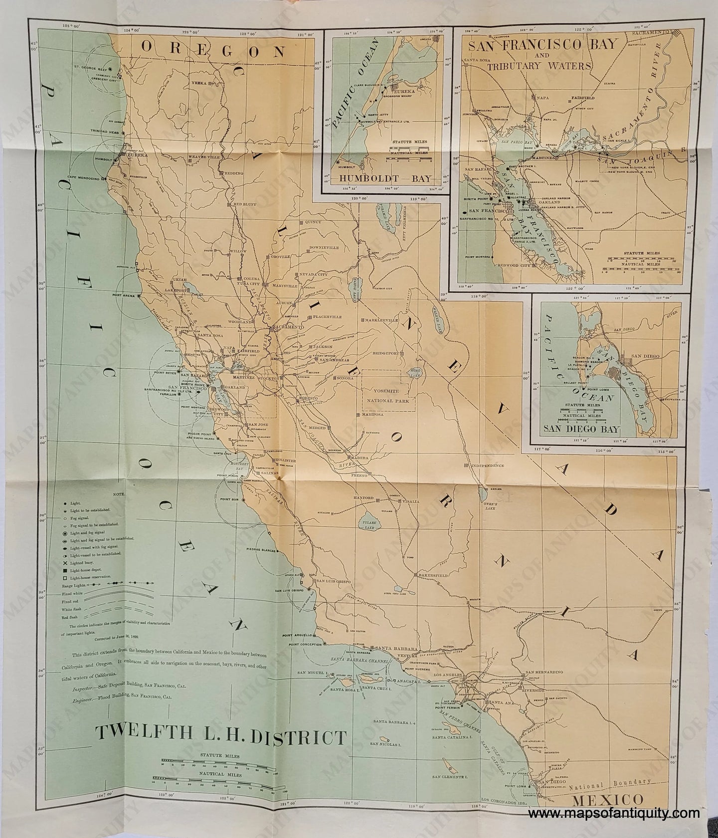 Antique-Map-Chart-Twelfth-Lighthouse-Light-House-California-1899-San-Francisco-San-Diego-1800s