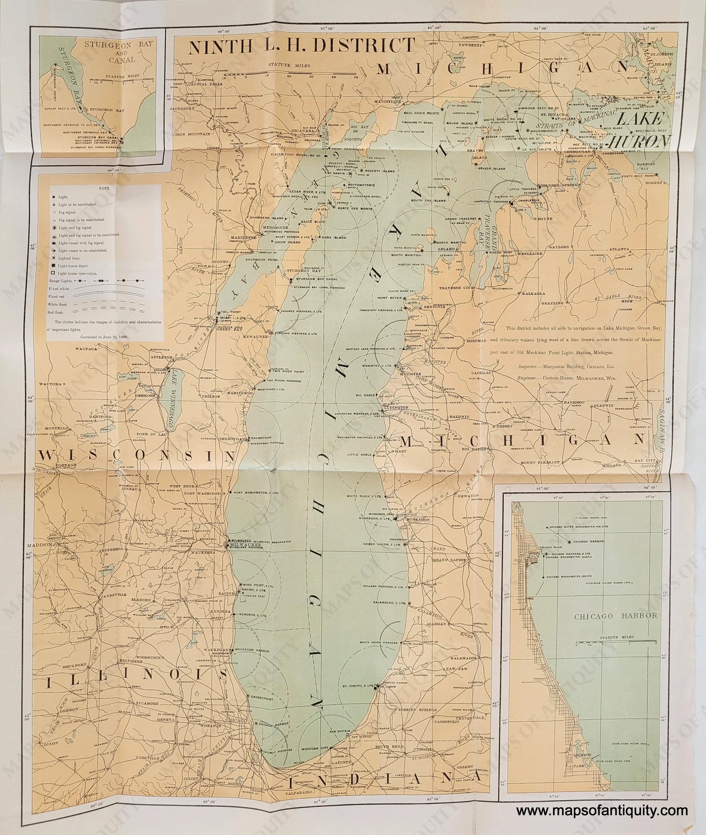 Antique-Map-Chart-Ninth-Lighthouse-Light-House-Great-Lakes-Michigan-Chicago-1899-1800s-19th-century