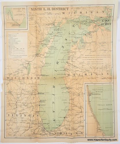 Antique chart showing lighthouses, light ships, etc around Lake Michigan. Original printed color- land is an antique orange tan and water is a subtle blue-green. Antique-Map-Chart-Ninth-Lighthouse-Light-House-Great-Lakes-Michigan-Chicago-1902