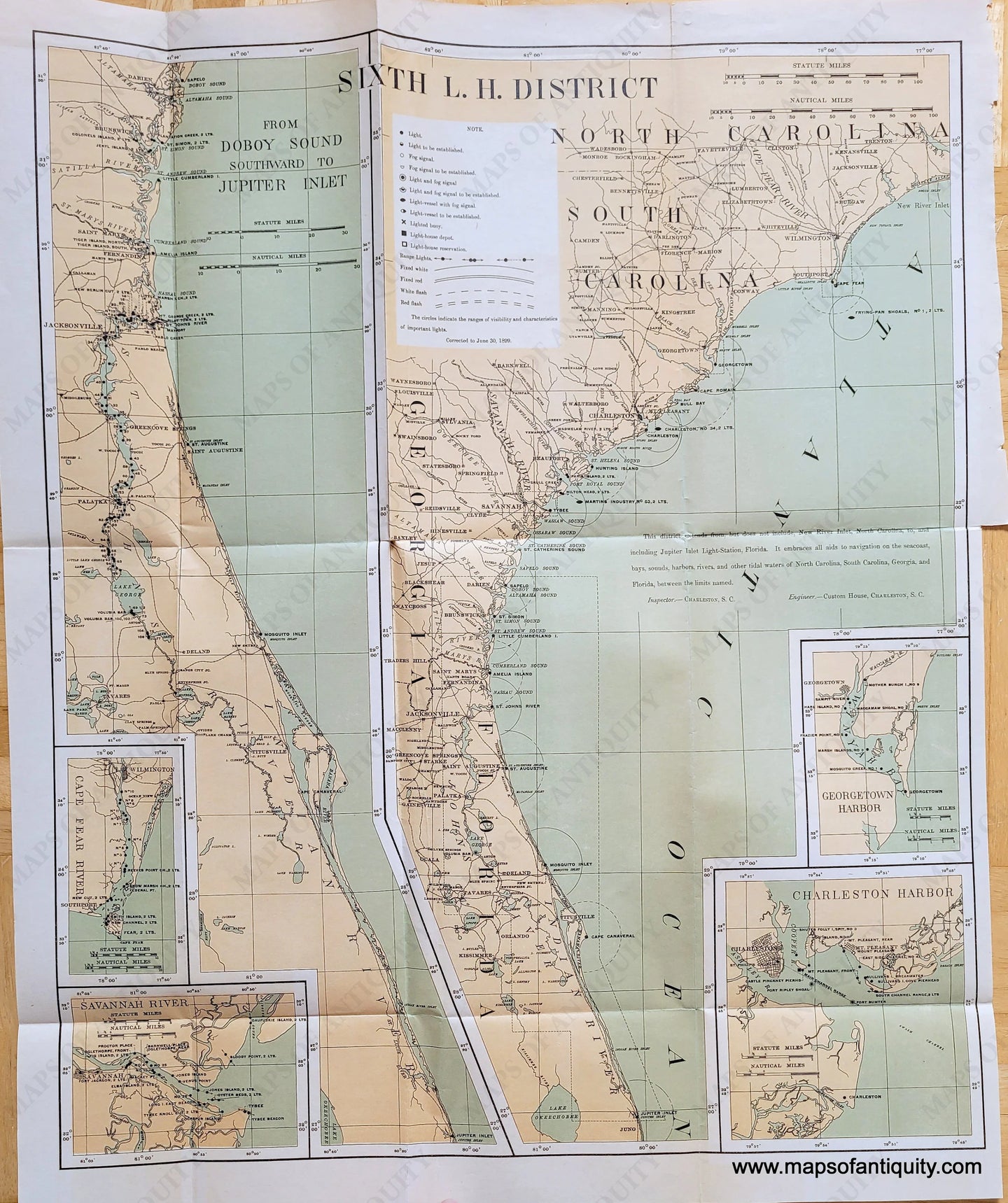 Printed-Color-Antique-Map-Lighthouses-of-the-Southern-Atlantic-Florida-South-Carolina-United-States-South-1896-U.S.-Light-House-Service-Maps-Of-Antiquity