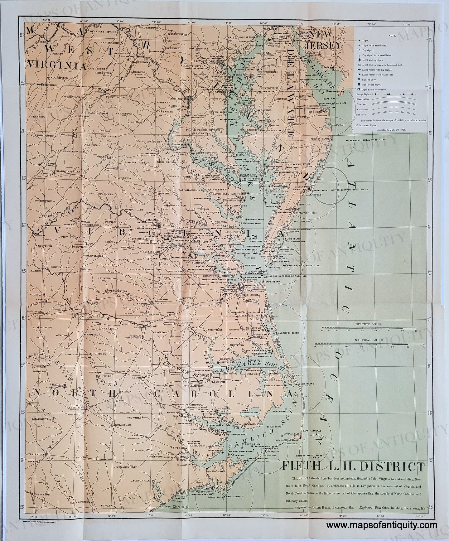 Antique map of the Atlantic coast from North Carolina to Virginia, Maryland, New Jersey. Water is colored an antique blue-green and land is an antique orange-tan. Circles and semi-circles show how far the light from the lighthouses can be seen.