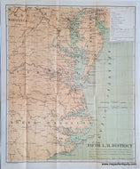 Antique map of the Atlantic coast from North Carolina to Virginia, Maryland, New Jersey. Water is colored an antique blue-green and land is an antique orange-tan. Circles and semi-circles show how far the light from the lighthouses can be seen.