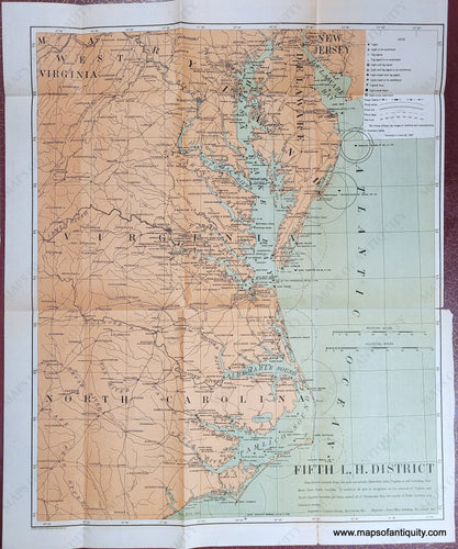 Antique map of the Atlantic coast from North Carolina to Virginia, Maryland, New Jersey. Water is colored an antique blue-green and land is an antique orange-tan. Circles and semi-circles show how far the light from the lighthouses can be seen.