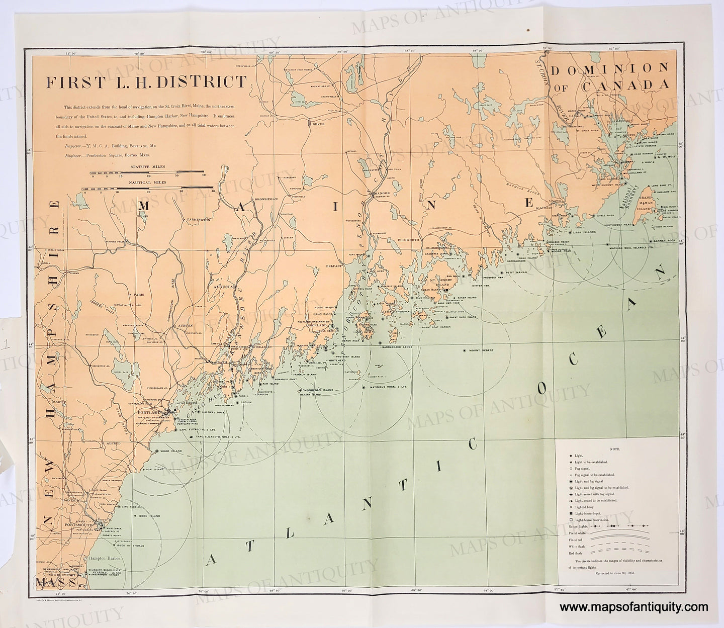 Antique chart showing the lighthouses of Maine in 1903 with blue-green water and orange-tan land. Antique-Map-Chart-First-Lighthouse-Light-House-Lighthouses-Light-Houses-Maine-New-Hampshire-1902-Maps-of-Antiquity
