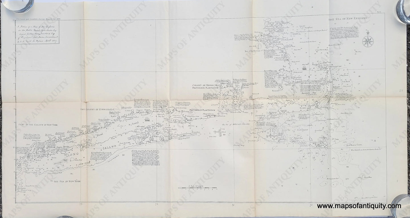 Antique-Black-and-White-Map-A-Portion-of-a-Map-of-New-England-or-the-so-called-Southack-Map-New-York-Long-Island-Connecticut-Cape-Cod-New-England-United-States-North-East-1890-US-Coast-and-Geodetic-Survey-Maps-Of-Antiquity