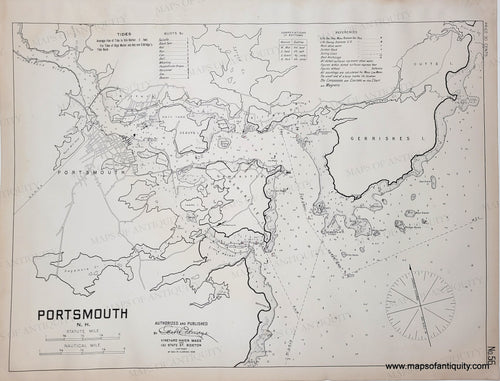 Antique black and white sailing chart of Portsmouth with navigational details. Black-and-White-Antique--Nautical-Chart-Portsmouth-NH-New-Hampshire-United-States-Northeast-1908-Eldridge-Maps-Of-Antiquity