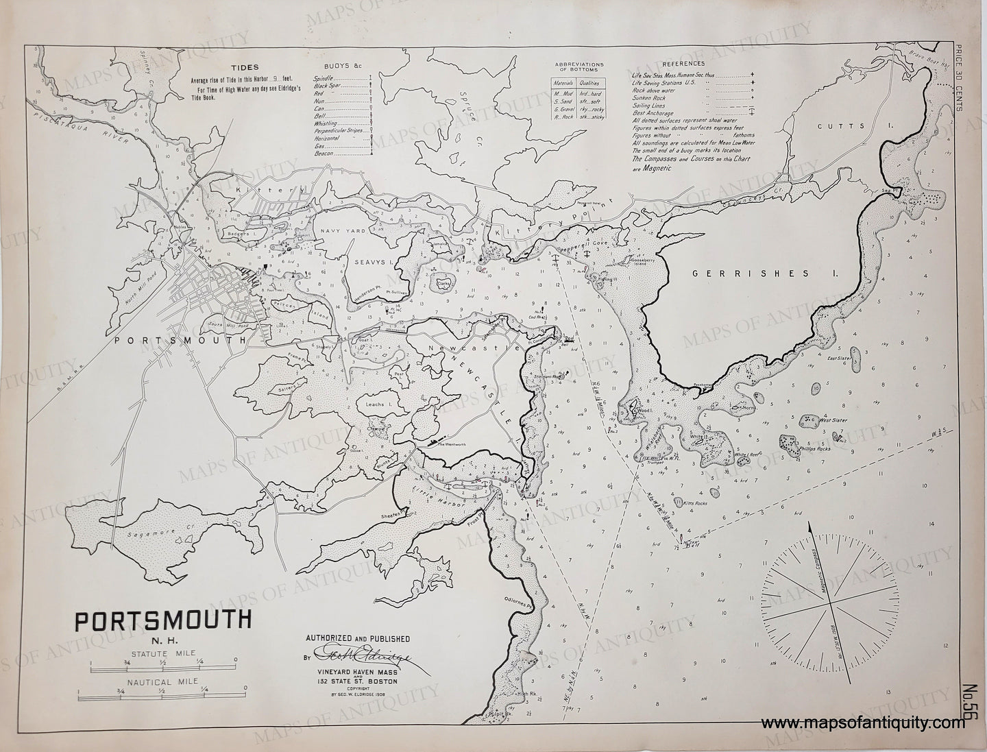 Antique black and white sailing chart of Portsmouth with navigational details. Black-and-White-Antique--Nautical-Chart-Portsmouth-NH-New-Hampshire-United-States-Northeast-1908-Eldridge-Maps-Of-Antiquity