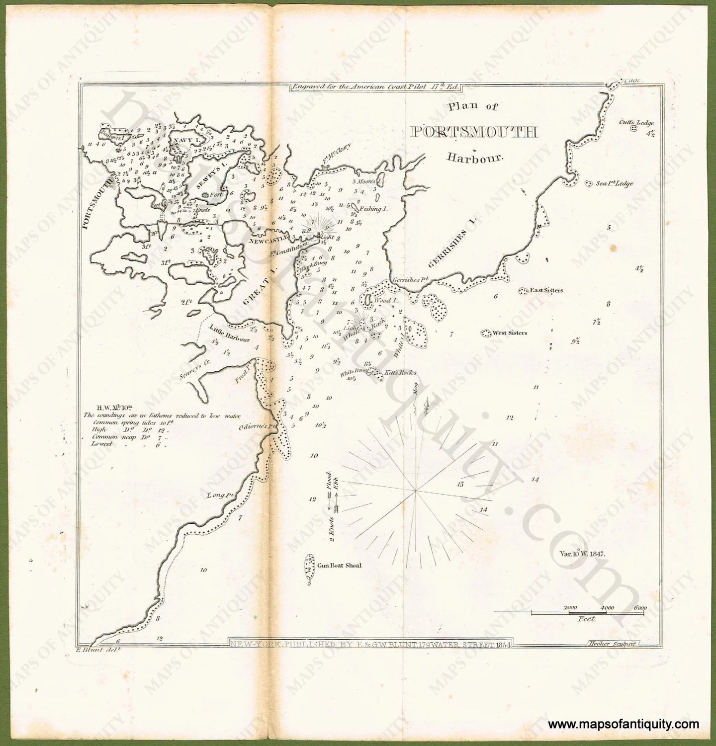 Antique-Uncolored-Harbor-Chart-Plan-of-Portsmouth-Harbour-Massachusetts--1854-Blunt-Maps-Of-Antiquity