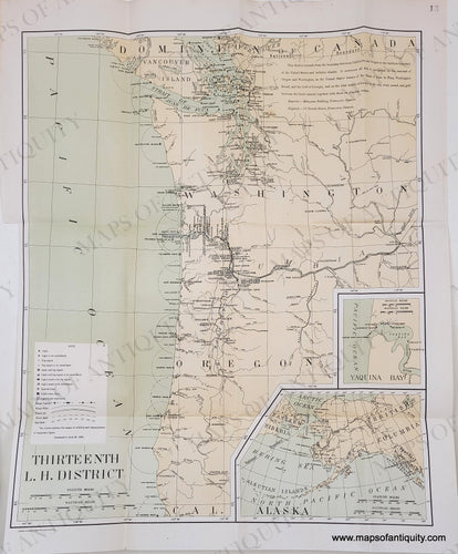 1899 - Thirteenth L.H. District (Washington and Oregon Lighthouse District) - Antique Map with vintage tones of faded teal green for the water and yellow tan for the land