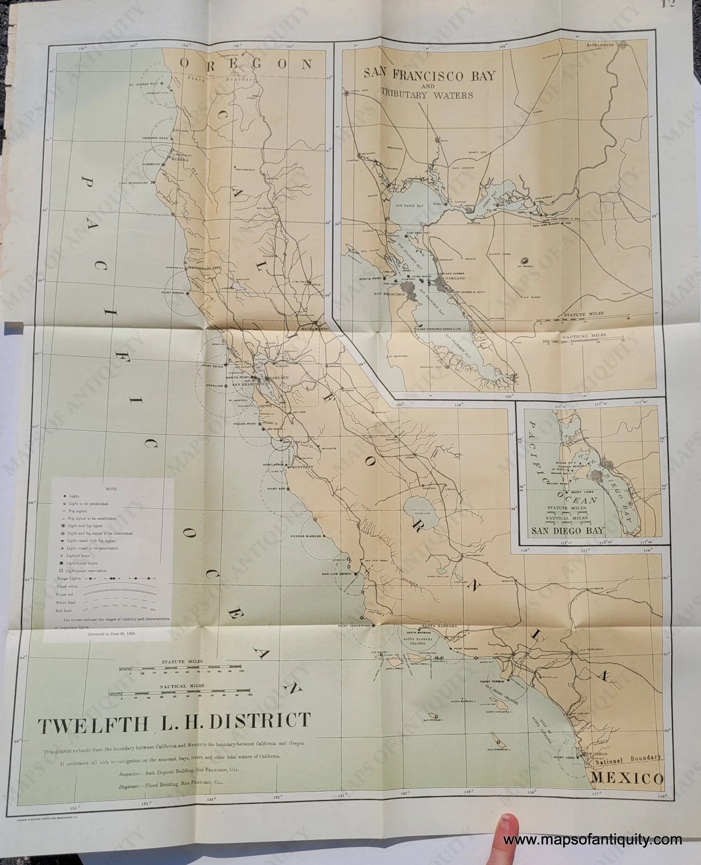 Genuine Antique Printed Color Map-Twelfth L.H. District (California Lighthouse District)-1898-U.S. Light-House Service-Maps-Of-Antiquity-1800s-19th-century