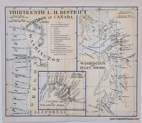 Antique-Printed-Color-Map-Lighthouses-of-the-Northwest-Nautical-Chart-Thirteenth-L.H.-District-1891-U.S.-Light-House-Service-Lighthouse-Charts-1800s-19th-century-Maps-of-Antiquity