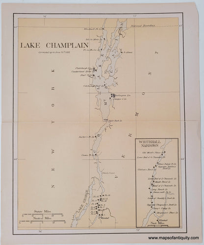 Antique-Printed-Color-Map-Lighthouses-of-Lake-Champlain-and-Whitehall-Narrows-1881-U.S.-Light-House-Service-Lighthouse-Charts-1800s-19th-century-Maps-of-Antiquity