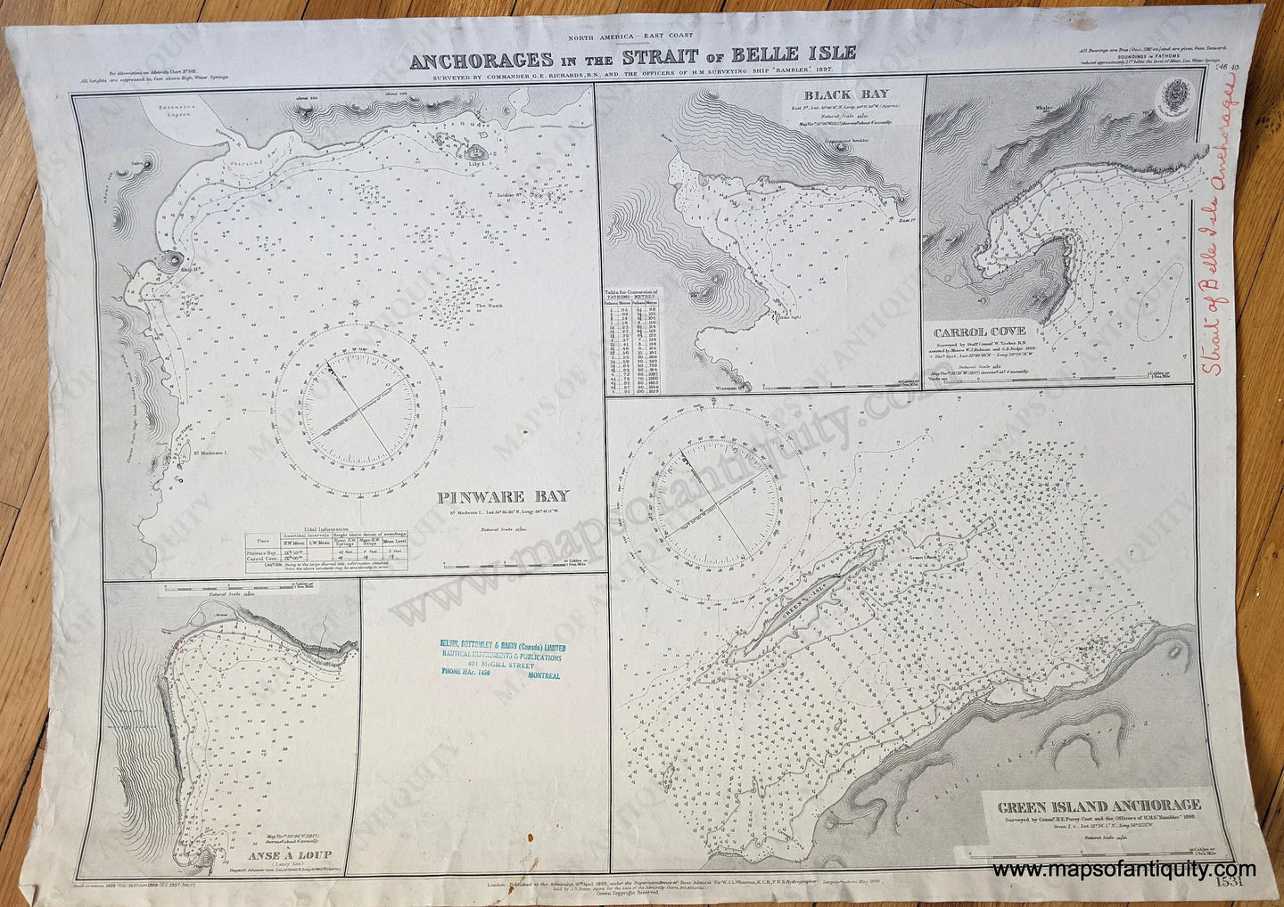 Genuine-Antique-Chart-Anchorages-in-the-Strait-of-Belle-Isle-North-America-Canada--1898-/-1937-British-Admiralty-Maps-Of-Antiquity-1800s-19th-century