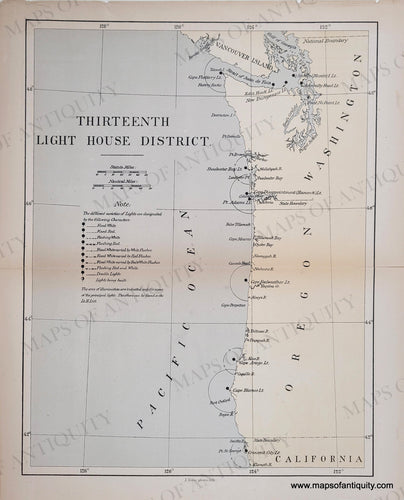 Antique map of the Oregon and Washington coast in antique tones of faded blue for the water and yellow-tan for the land.