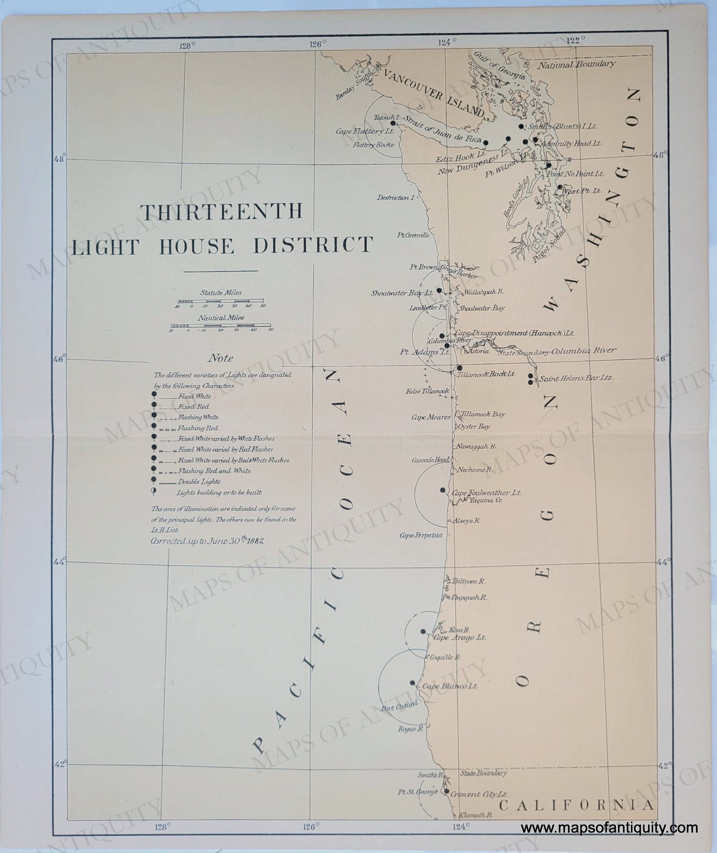 Antique map of the Oregon and Washington coast in antique tones of faded blue for the water and yellow-tan for the land.