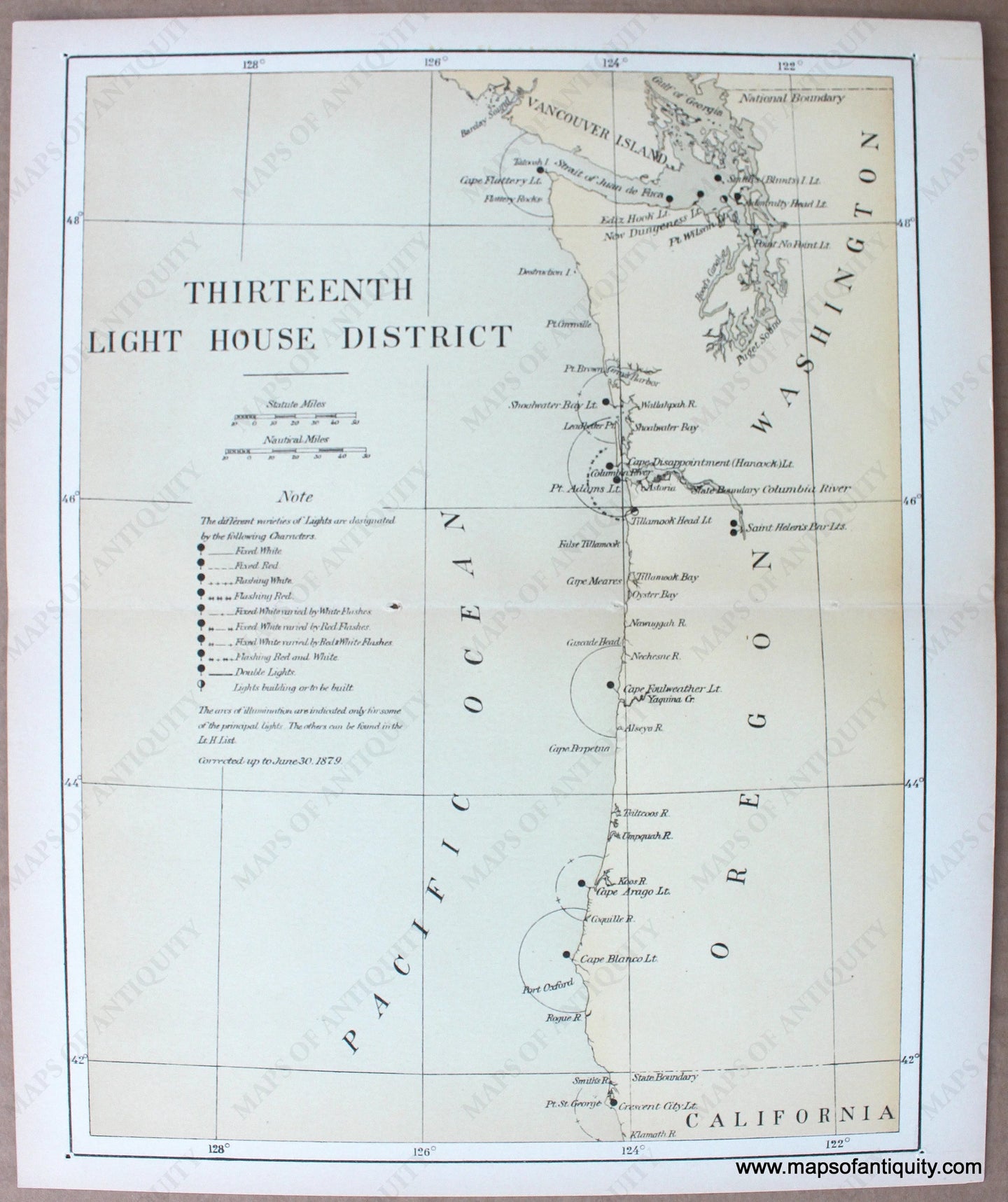 1879 - Lighthouses of the Northwest - Thirteenth L.H. District - Antique Chart