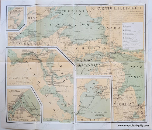 Genuine Antique Printed Color Map-Eleventh L.H. District (Part of Great Lakes Lighthouse Districts) -1899-U.S. Light-House Service-Maps-Of-Antiquity-1800s-19th-century