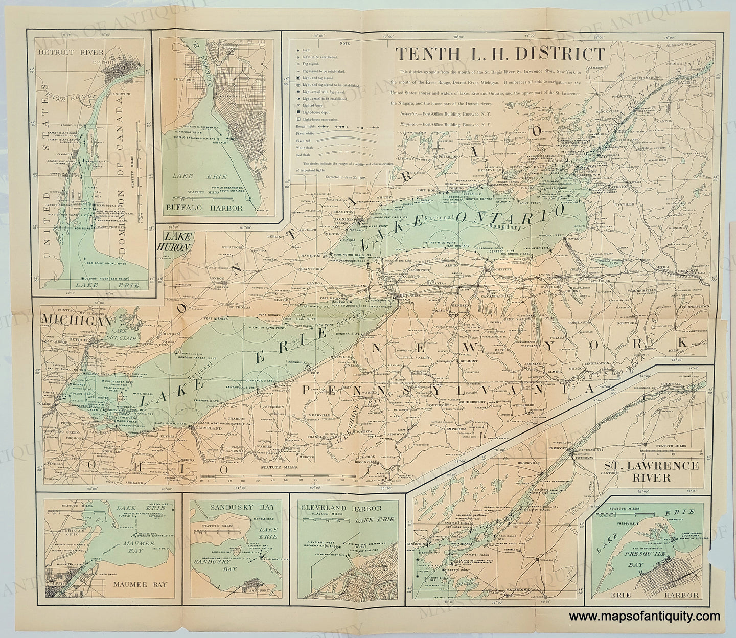 Genuine Antique Printed Color Map in tones of yellow-tan for the land and teal grey for the water. -Chart-Tenth L.H. District (Part of Great Lakes Lighthouse Districts Ontario and Erie) -1899-U.S. Light-House Service-Maps-Of-Antiquity-1900s-20th-century