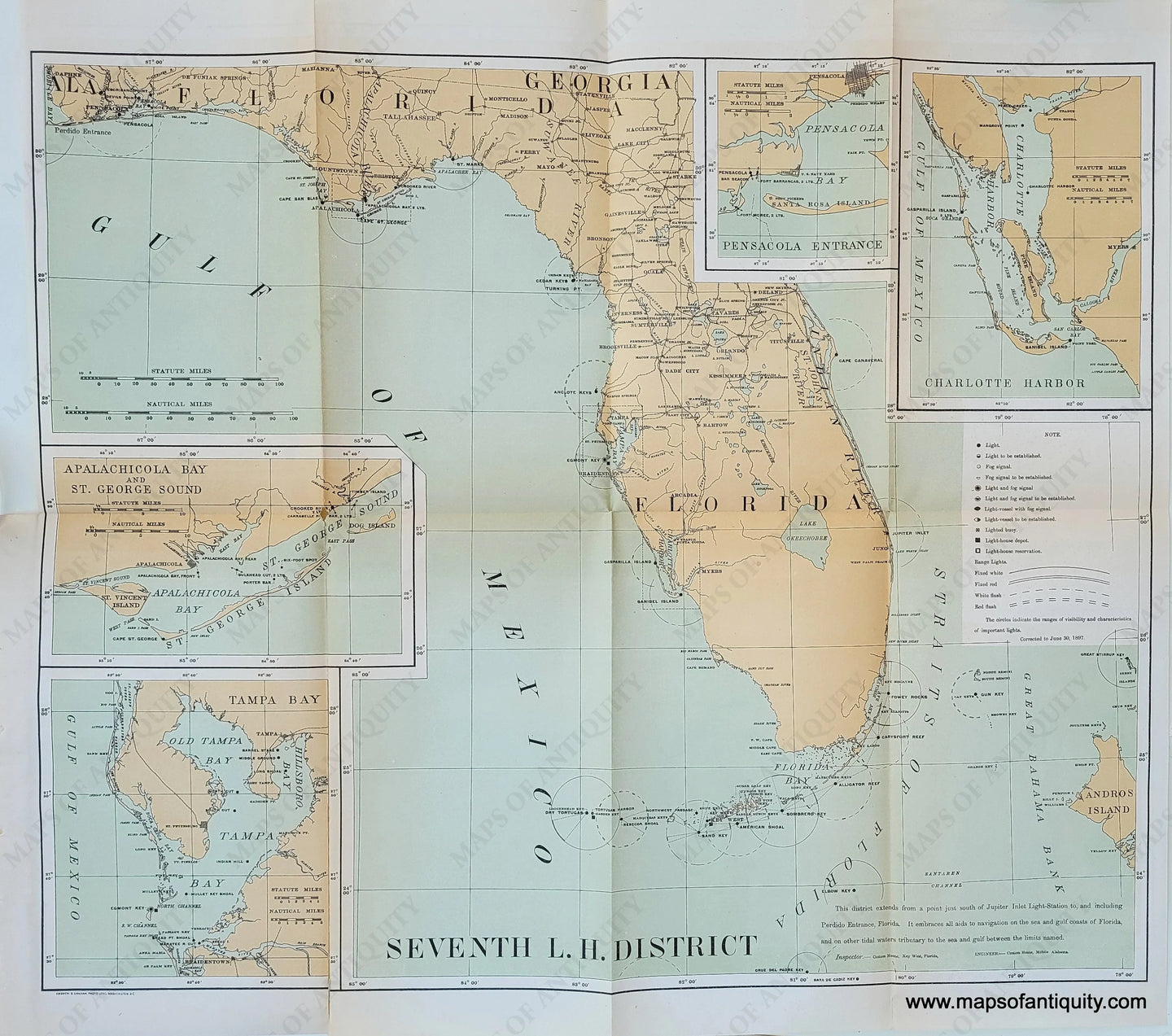 Genuine Antique Printed Color Map-Seventh L.H. District (Lighthouses of Florida)-1897-U.S. Light-House Service-Maps-Of-Antiquity-1800s-19th-century