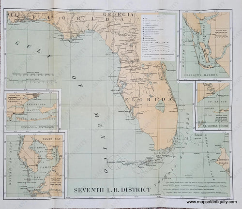 Genuine Antique Printed-Color Map in tones of antique teal green in the waters and antique yellow tan for -Seventh L.H. District (Lighthouses of Florida)-1896-U.S. Light-House Service-Maps-Of-Antiquity-1800s-19th-century