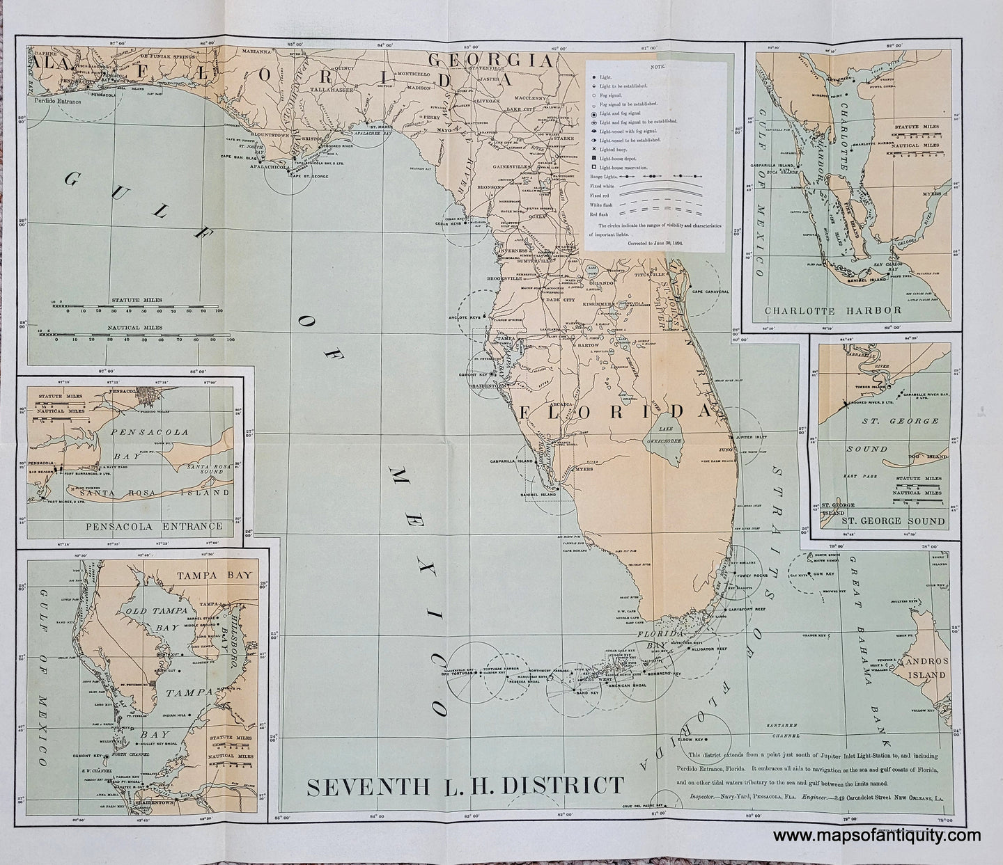 Genuine Antique Printed-Color Map in tones of antique teal green in the waters and antique yellow tan for -Seventh L.H. District (Lighthouses of Florida)-1896-U.S. Light-House Service-Maps-Of-Antiquity-1800s-19th-century