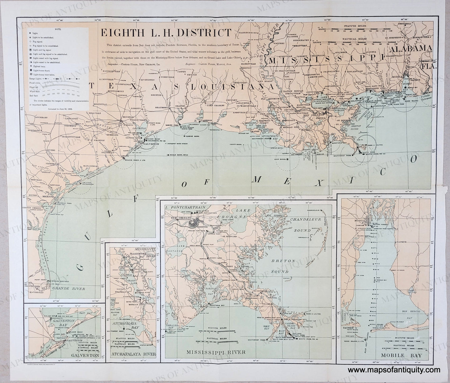 Genuine Antique Printed Color Map in tones of teal in the water and tan in the land-Eighth L.H. District (Lighthouses of the Gulf of Mexico)-1903-U.S. Light-House Service-Maps-Of-Antiquity
