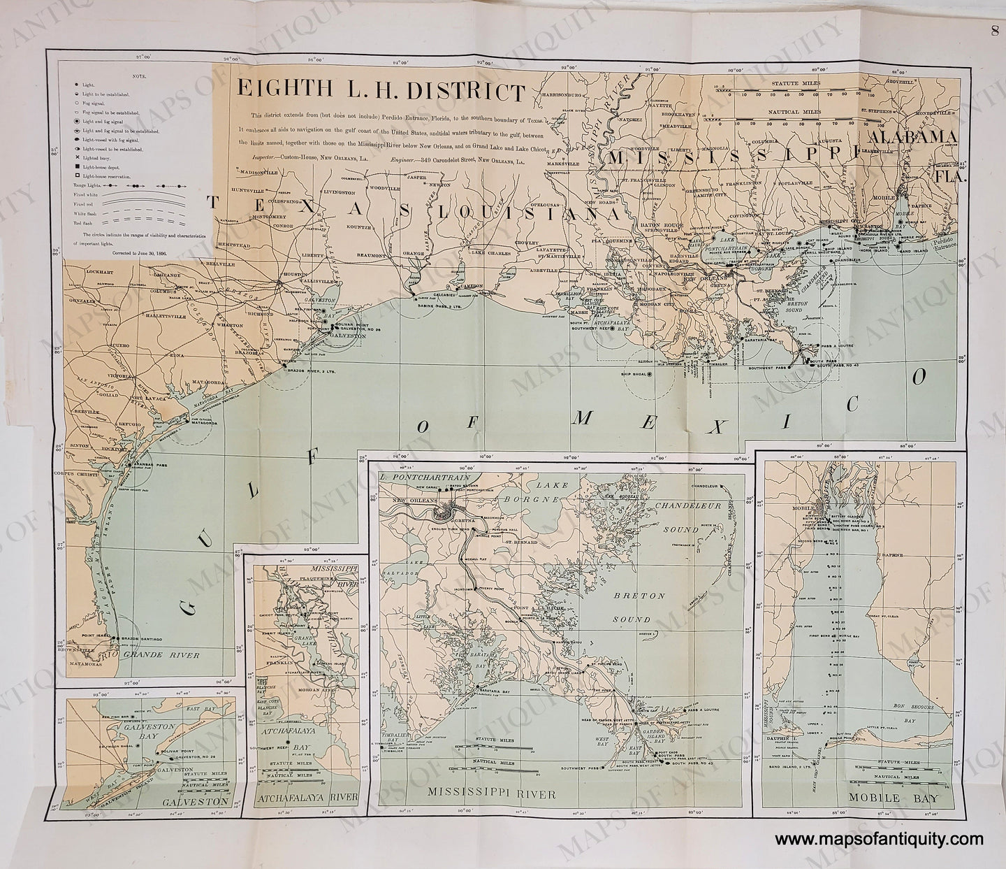 Genuine Antique Printed Color Map in tones of teal in the water and tan in the land-Eighth L.H. District (Lighthouses of the Gulf of Mexico)-1899-U.S. Light-House Service-Maps-Of-Antiquity